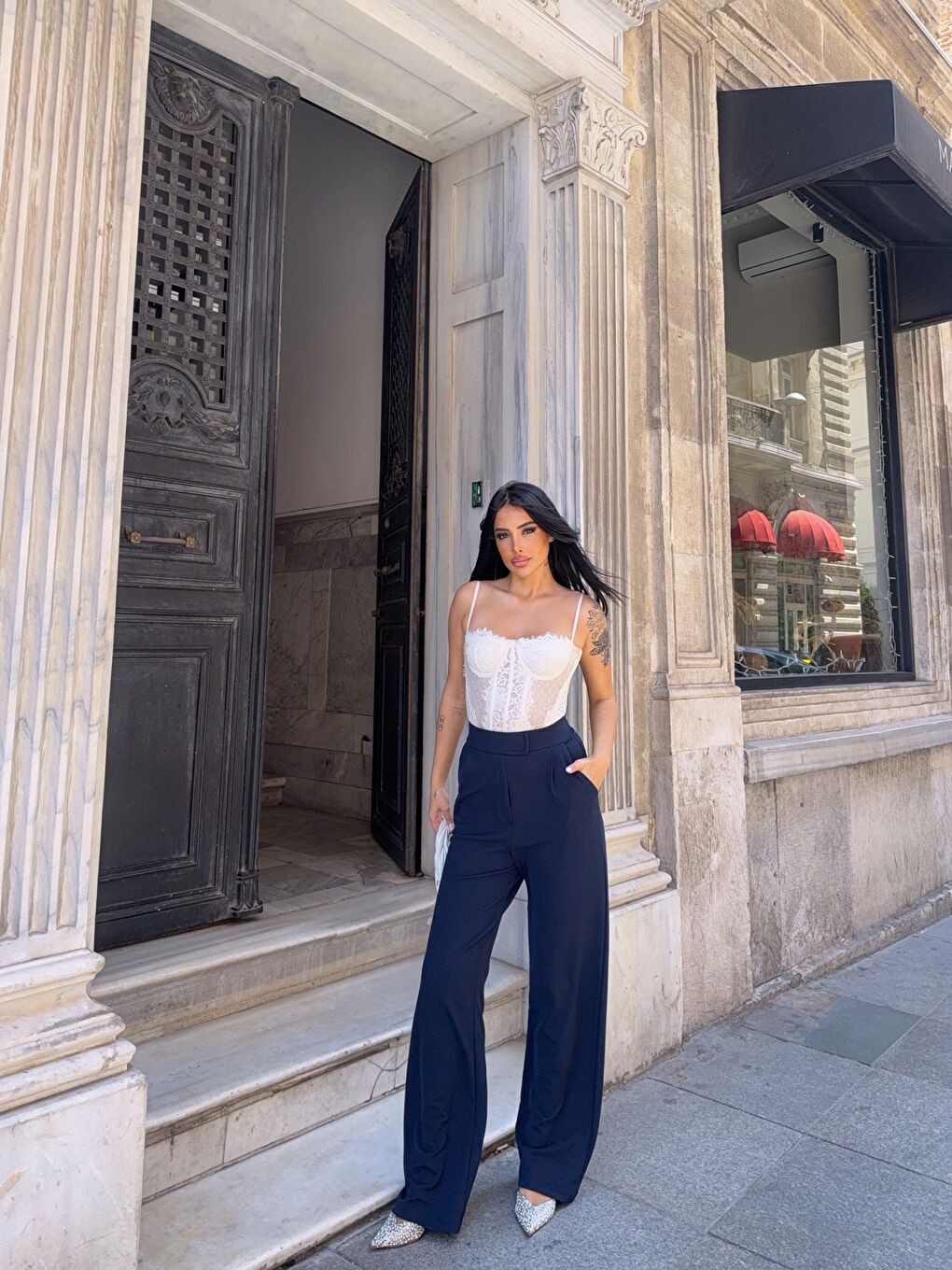 Lacivert Elastanlı Cırtlı Palazzo Pantolon