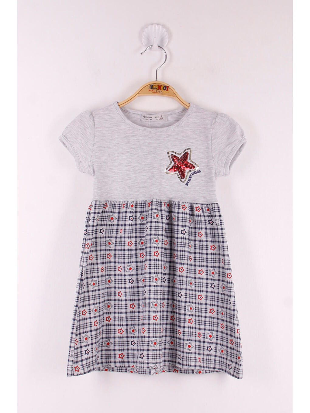 Gri Kız Çocuk Pullu Yıldız Nakışlı Elbise
