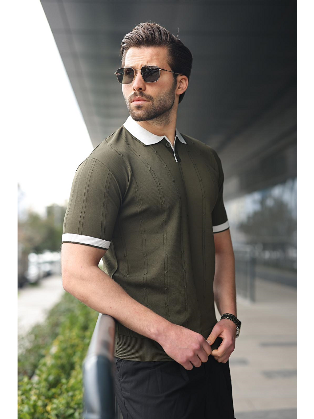 Haki Polo Yaka Triko Erkek Tişört E7470-3