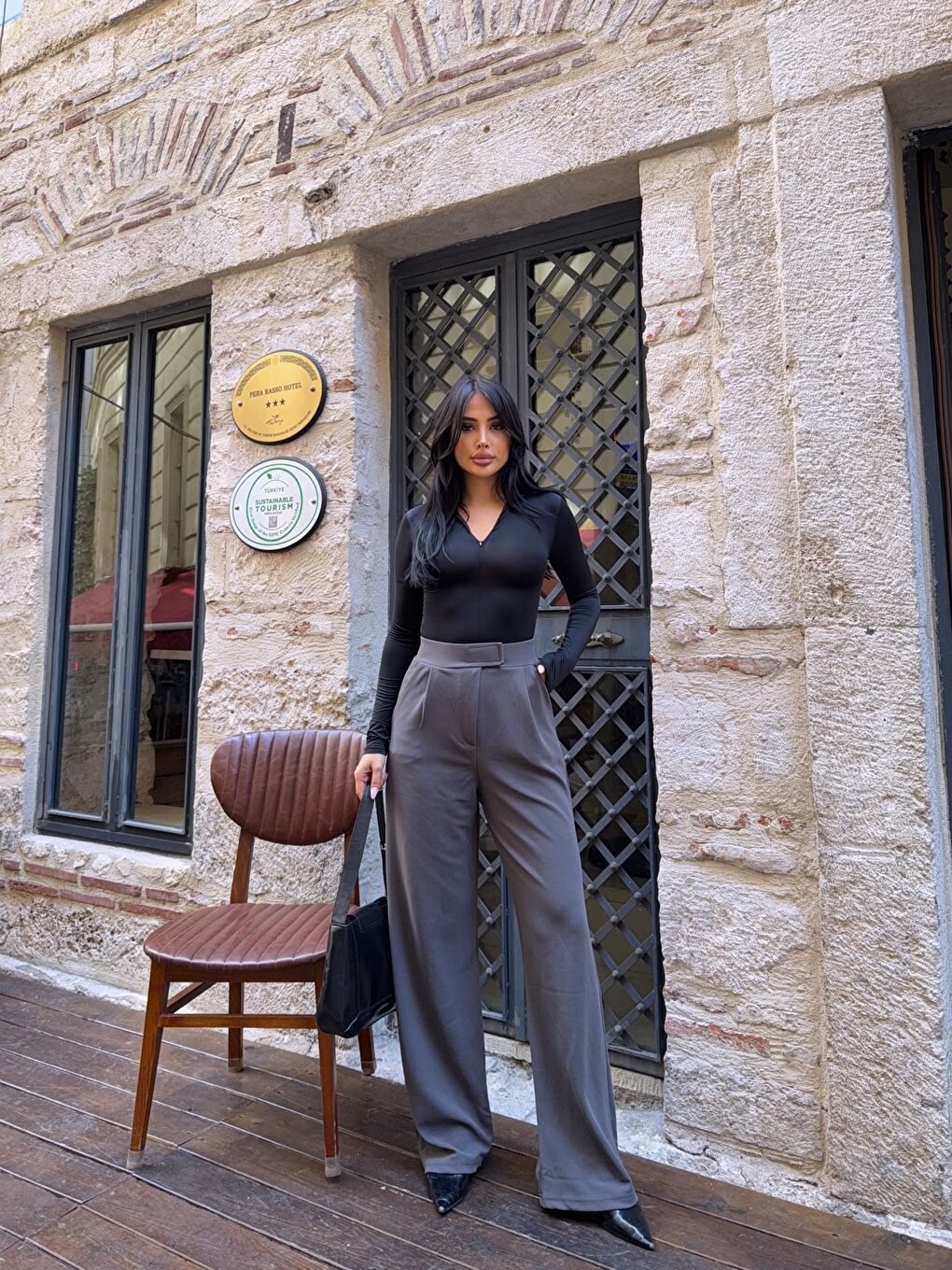 Gri Elastanlı Cırtlı Palazzo Pantolon