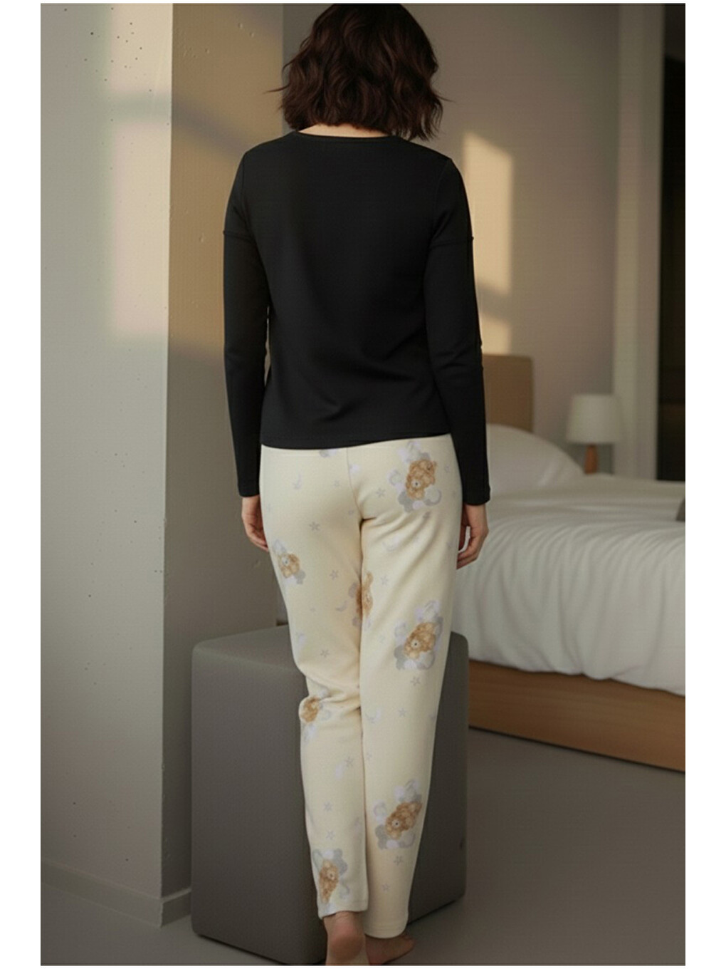 Ekru Krem Ayıcık Desenli Pamuklu Örme Pijama Takım 7975-2