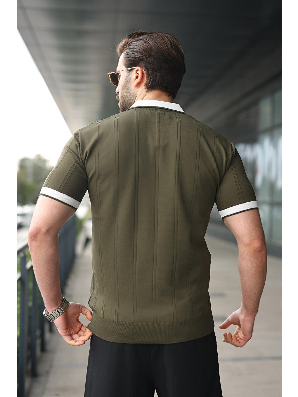 Haki Polo Yaka Triko Erkek Tişört E7470-4