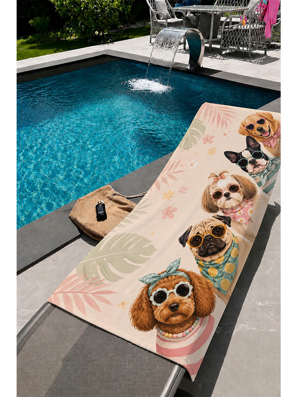 Gri Gözlüklü Köpek Portre Desenli 70x150 Plaj Havlusu-1