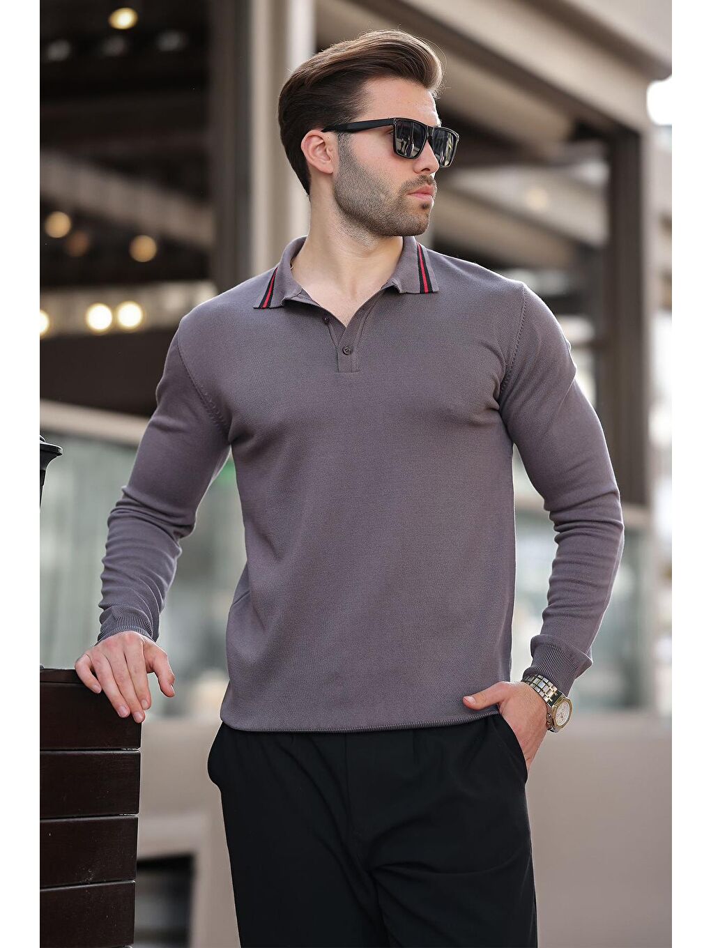 Gri Polo Yaka Düğmeli Uzun Kollu Kazak 7269