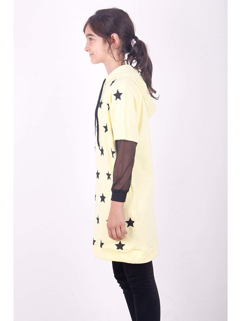 Sarı Kız Çocuk Yıldız Baskılı Kapüşonlu Elbise-1