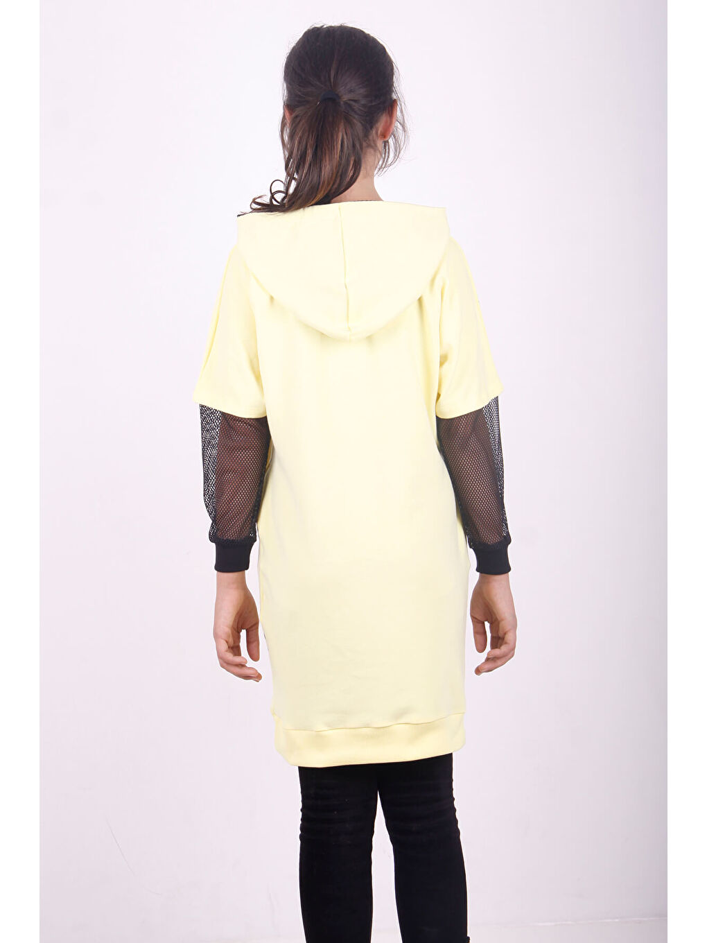 Sarı Kız Çocuk Yıldız Baskılı Kapüşonlu Elbise-2