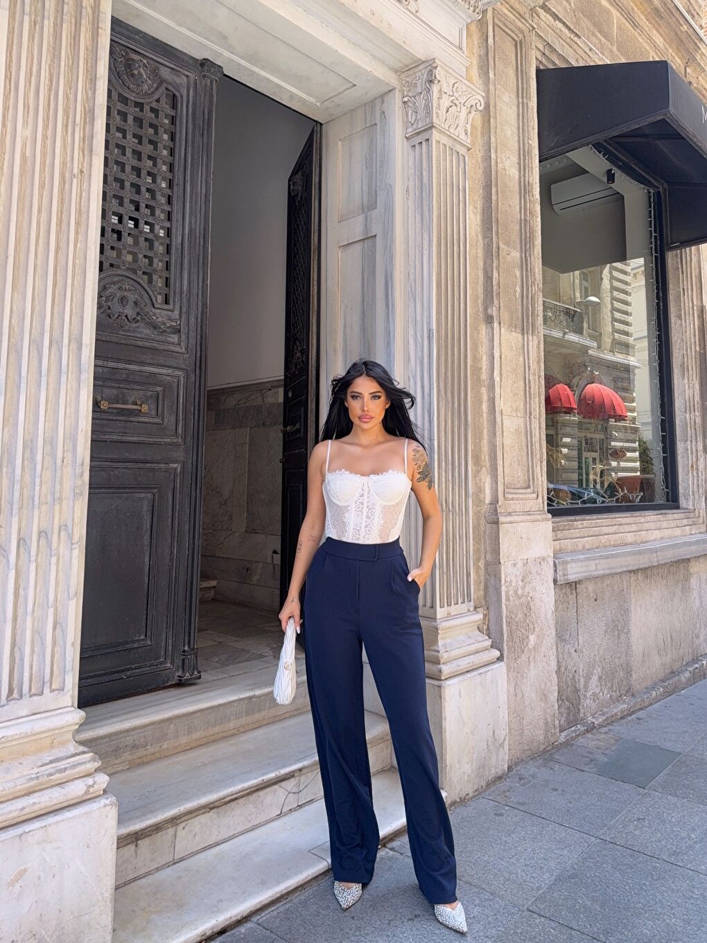 Lacivert Elastanlı Cırtlı Palazzo Pantolon-1