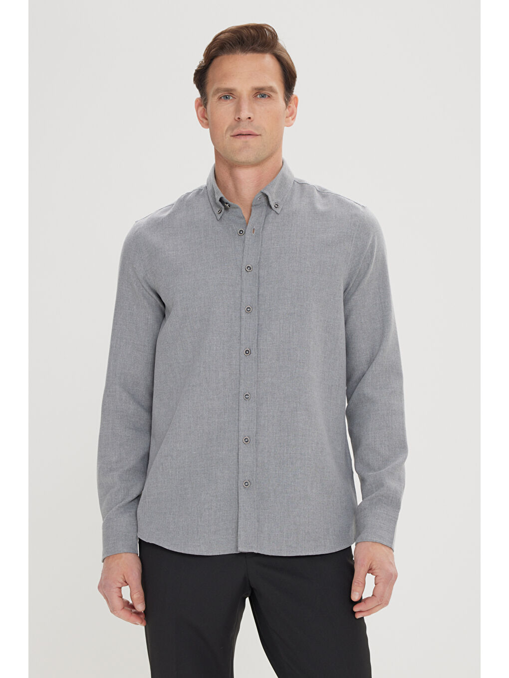 Erkek Açık Gri Slim Fit Dar Kesim Düğmeli Yaka Pamuklu Flanel Oduncu Gömlek