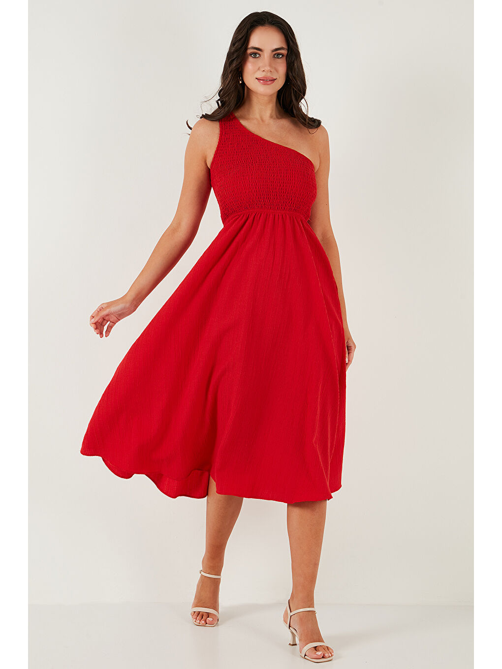 Kırmızı Regular Fit Tek Omuz Belden Açılan Gipeli Midi Boy Kadın Elbise 67810248-2