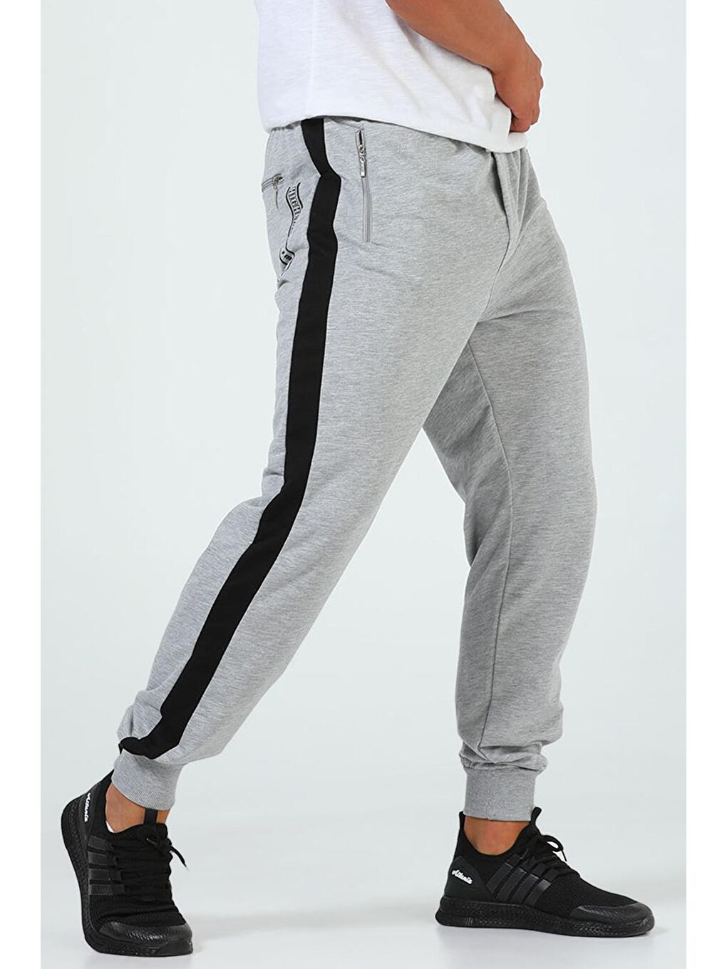 Gri Yan Şeritli Paça Lastikli Joger Erkek Eşofman Altı