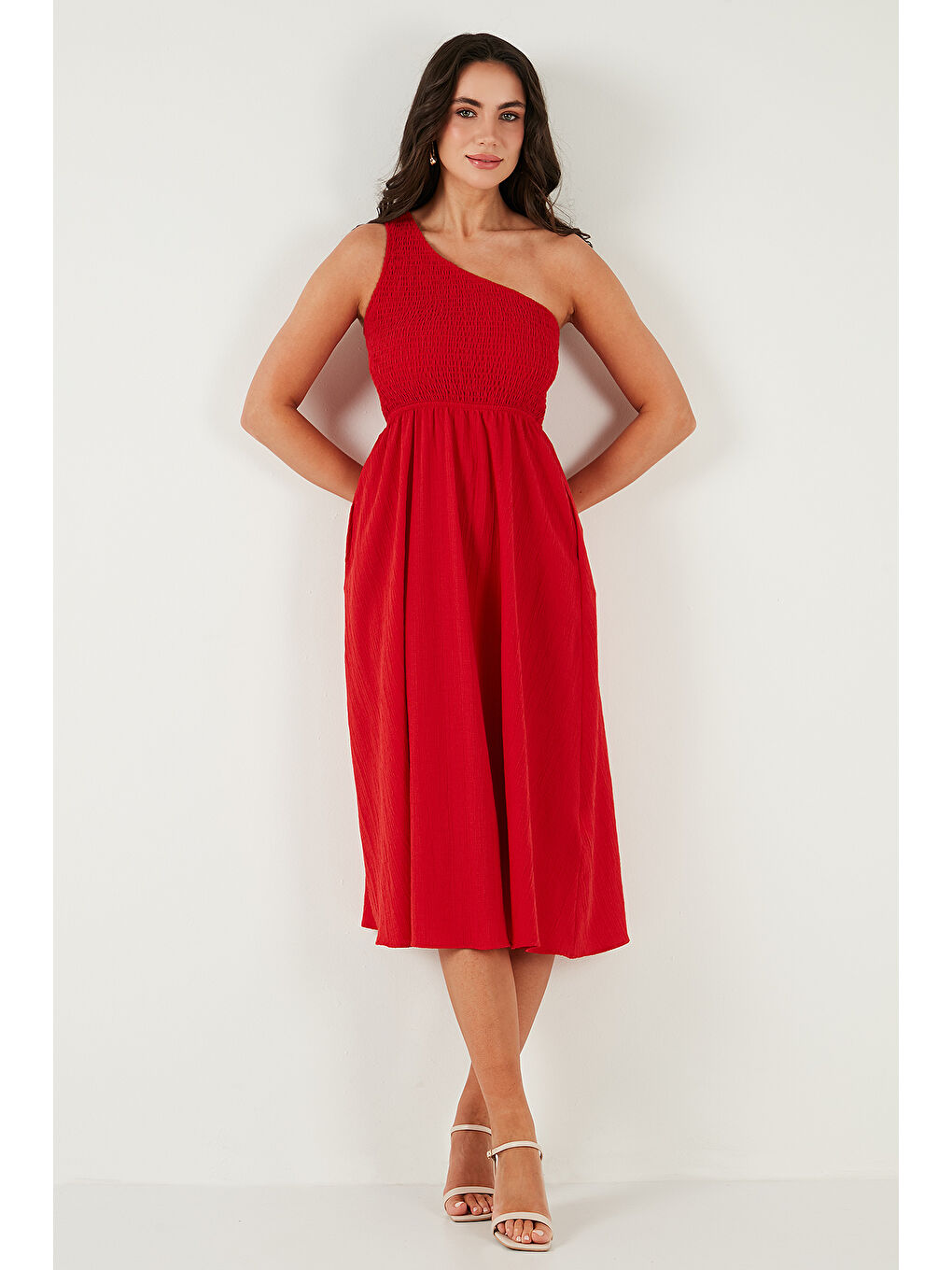 Kırmızı Regular Fit Tek Omuz Belden Açılan Gipeli Midi Boy Kadın Elbise 67810248-3