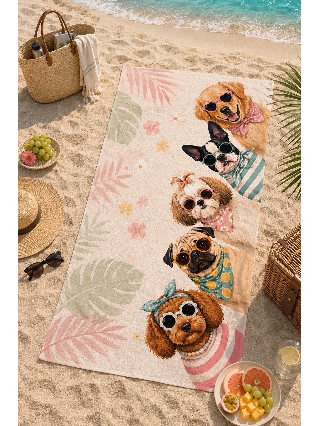 Gri Gözlüklü Köpek Portre Desenli 70x150 Plaj Havlusu-2