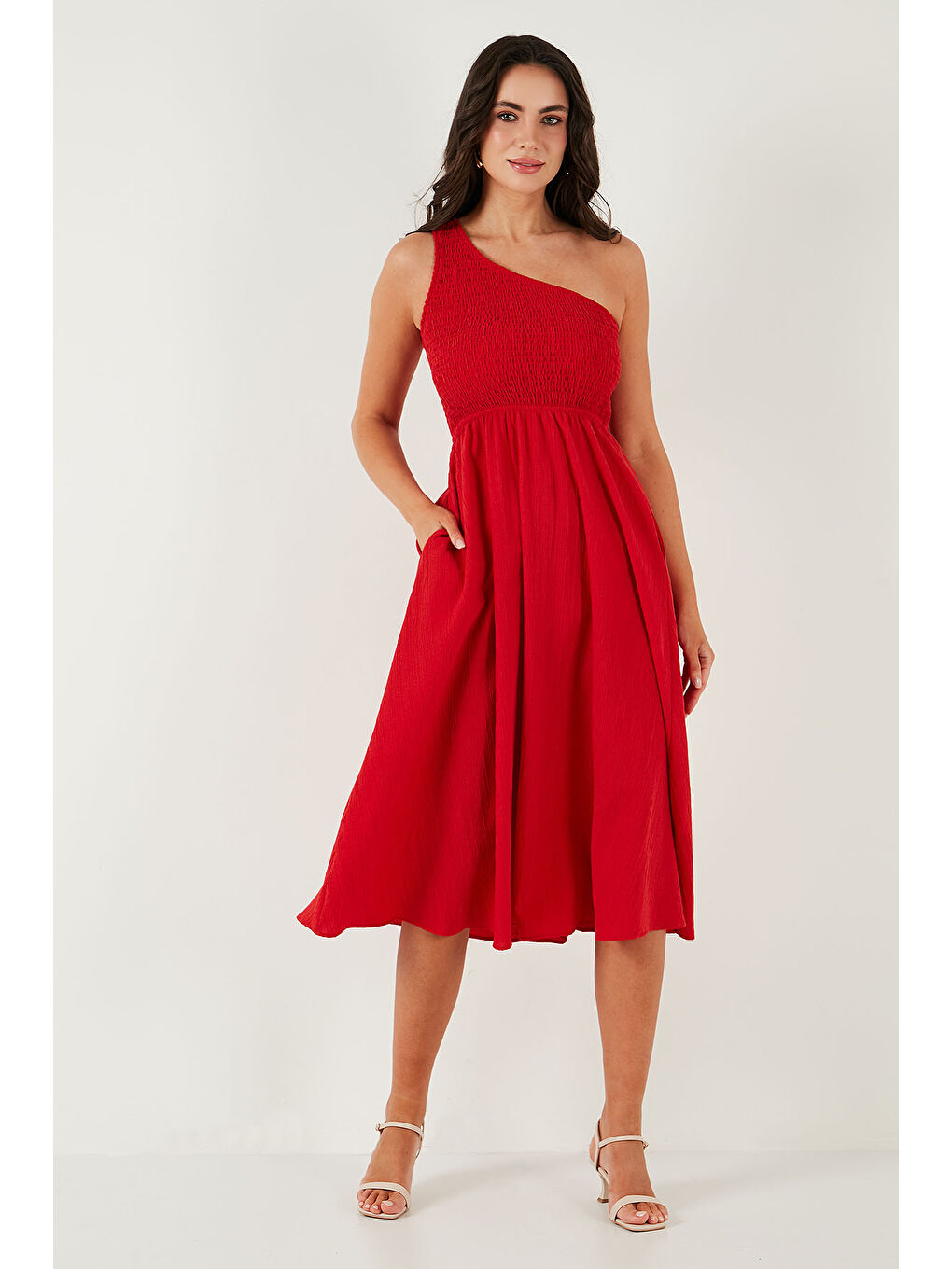 Kırmızı Regular Fit Tek Omuz Belden Açılan Gipeli Midi Boy Kadın Elbise 67810248-4