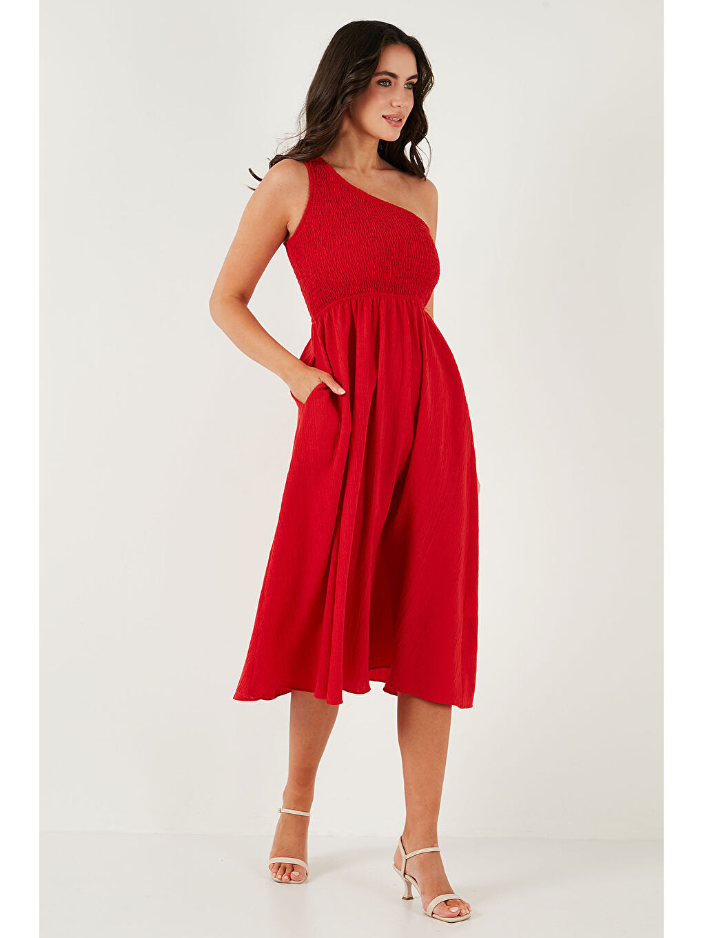 Kırmızı Regular Fit Tek Omuz Belden Açılan Gipeli Midi Boy Kadın Elbise 67810248-5