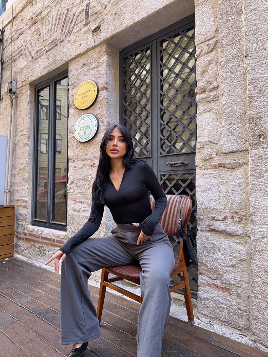 Gri Elastanlı Cırtlı Palazzo Pantolon-2