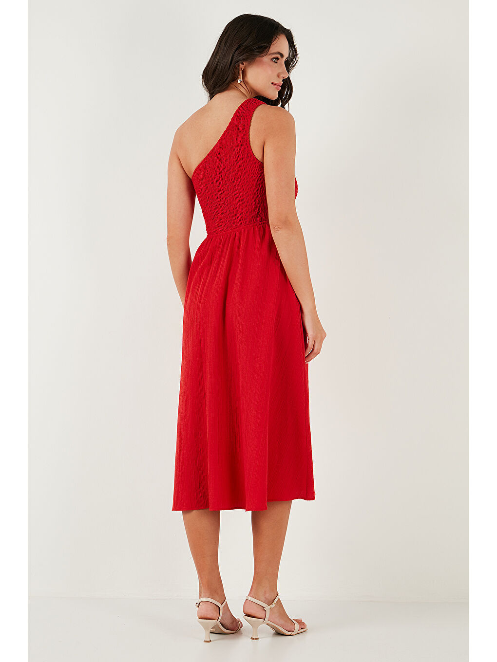 Kırmızı Regular Fit Tek Omuz Belden Açılan Gipeli Midi Boy Kadın Elbise 67810248-6