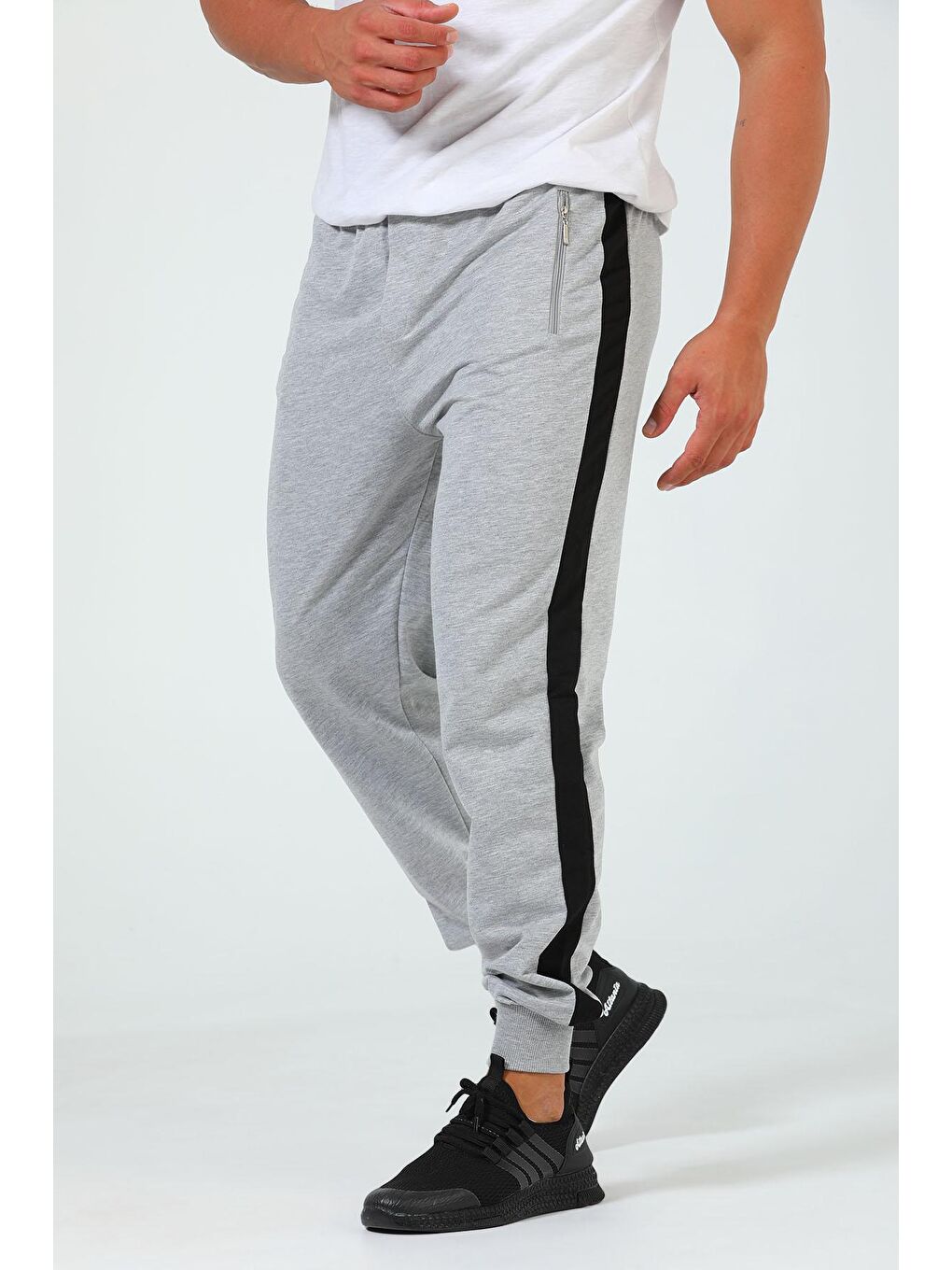 Gri Yan Şeritli Paça Lastikli Joger Erkek Eşofman Altı-1
