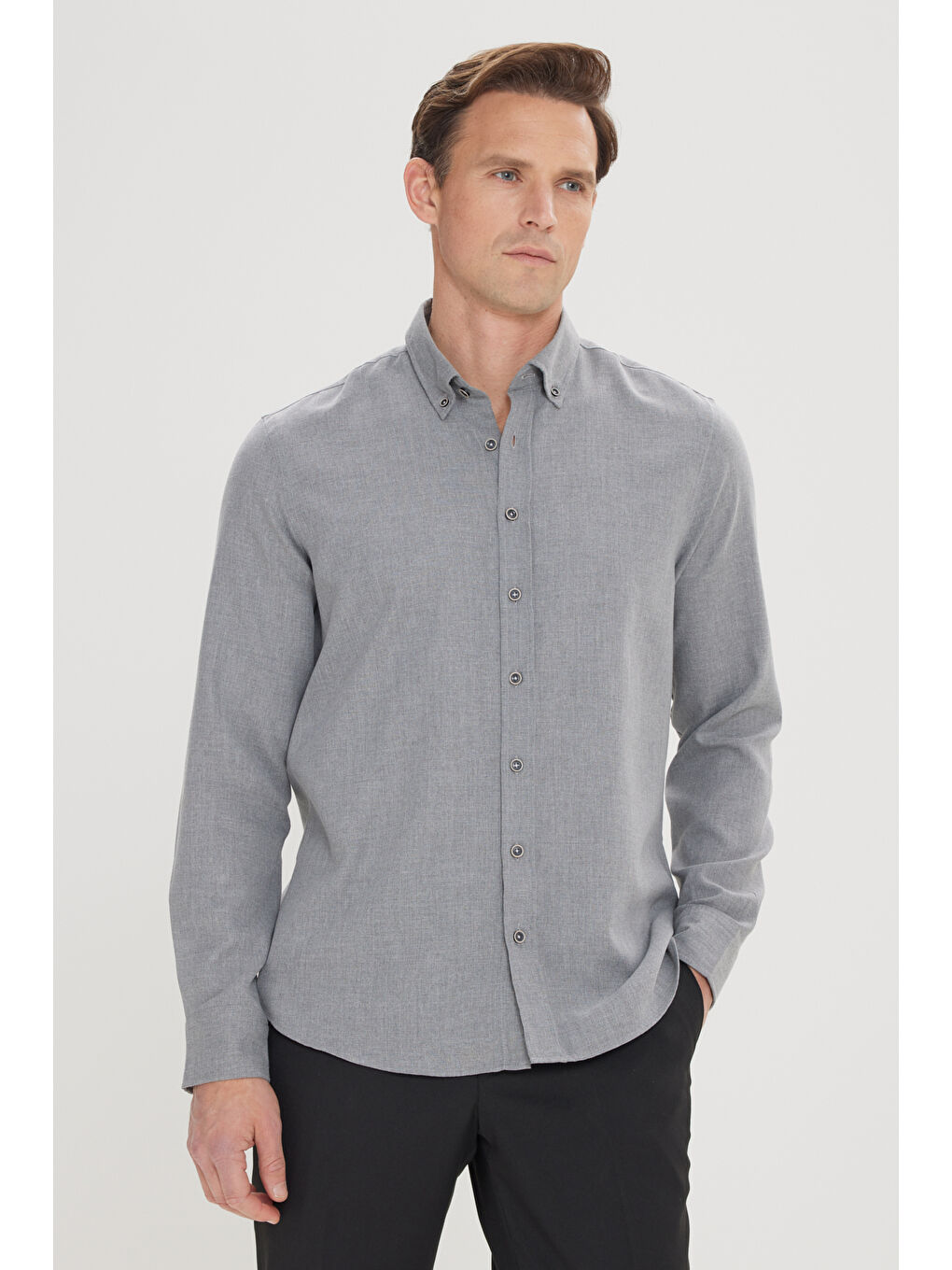 Erkek Açık Gri Slim Fit Dar Kesim Düğmeli Yaka Pamuklu Flanel Oduncu Gömlek-2