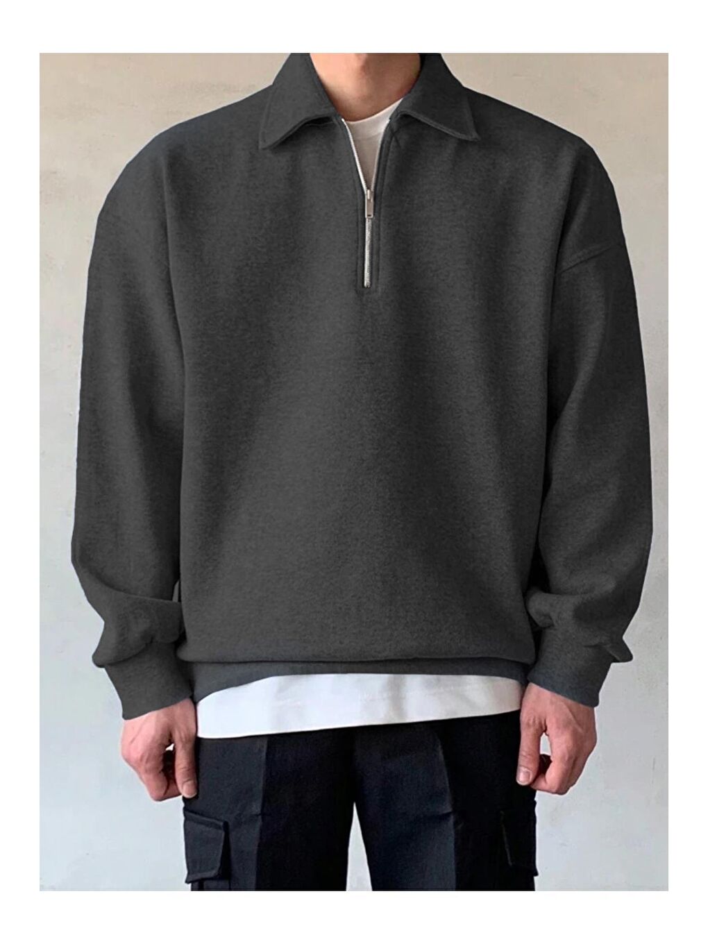 GENIUS STORE Füme Erkek Polo Yaka Oversize Sweatshirt Yarım Fermuar Sweatshirt - 1