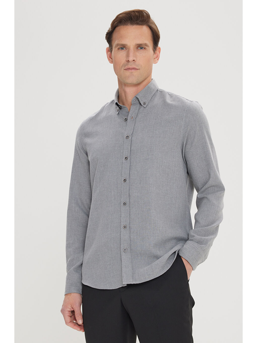 Erkek Açık Gri Slim Fit Dar Kesim Düğmeli Yaka Pamuklu Flanel Oduncu Gömlek-3