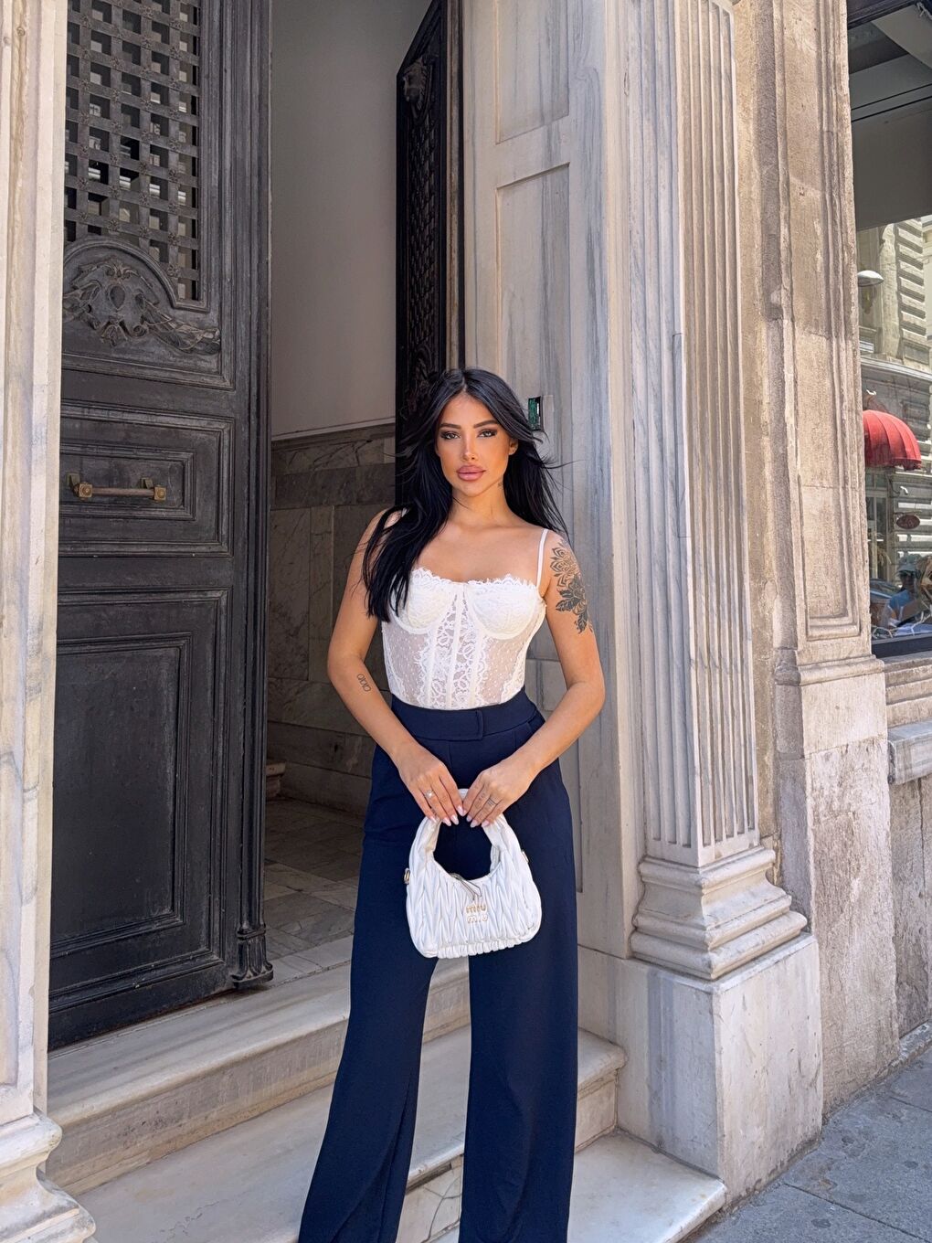 Lacivert Elastanlı Cırtlı Palazzo Pantolon-2