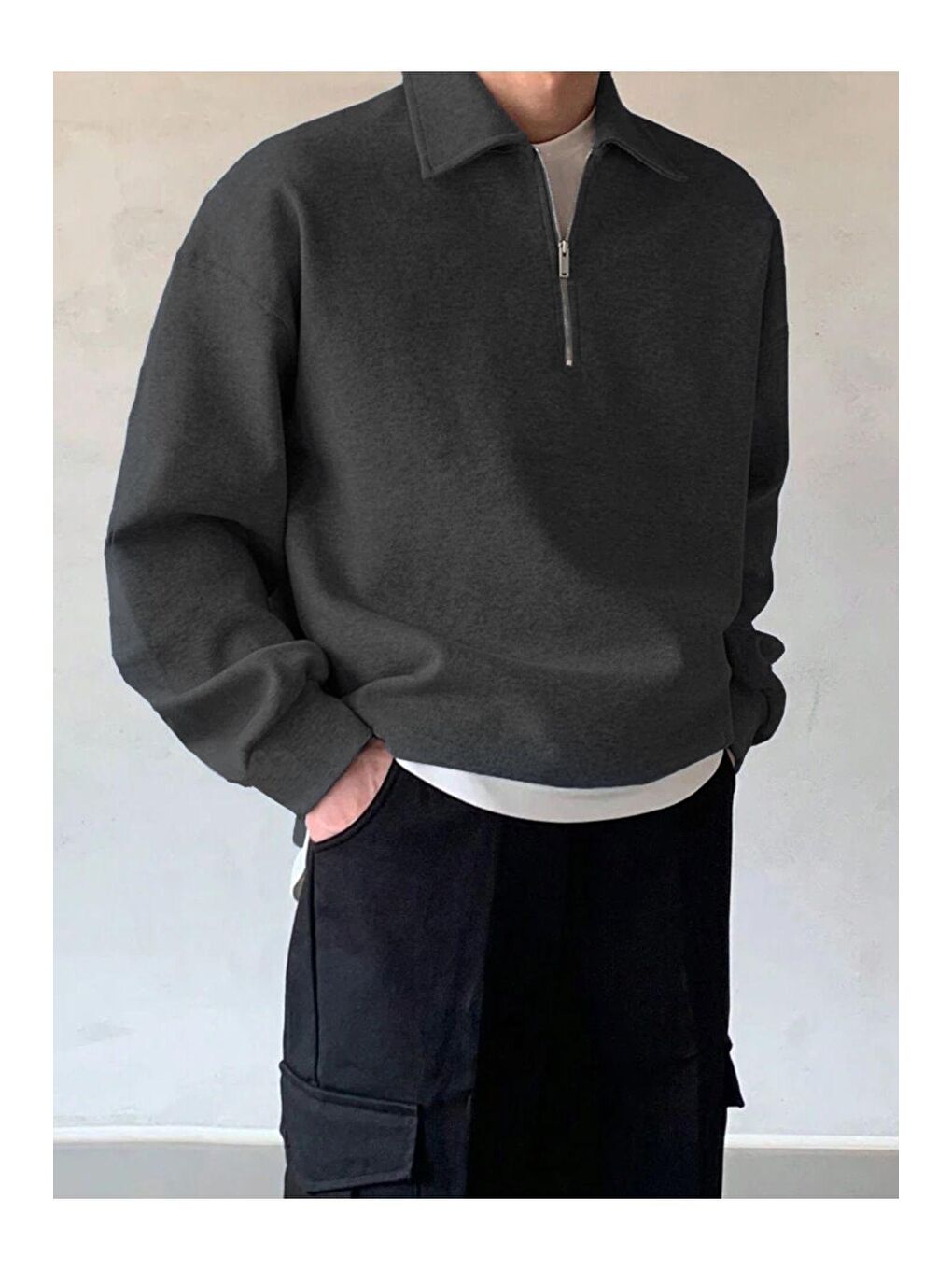 GENIUS STORE Füme Erkek Polo Yaka Oversize Sweatshirt Yarım Fermuar Sweatshirt - 2