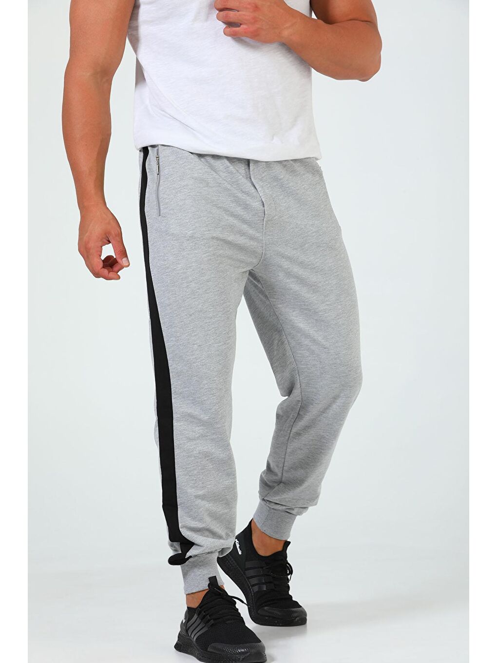 Gri Yan Şeritli Paça Lastikli Joger Erkek Eşofman Altı-3