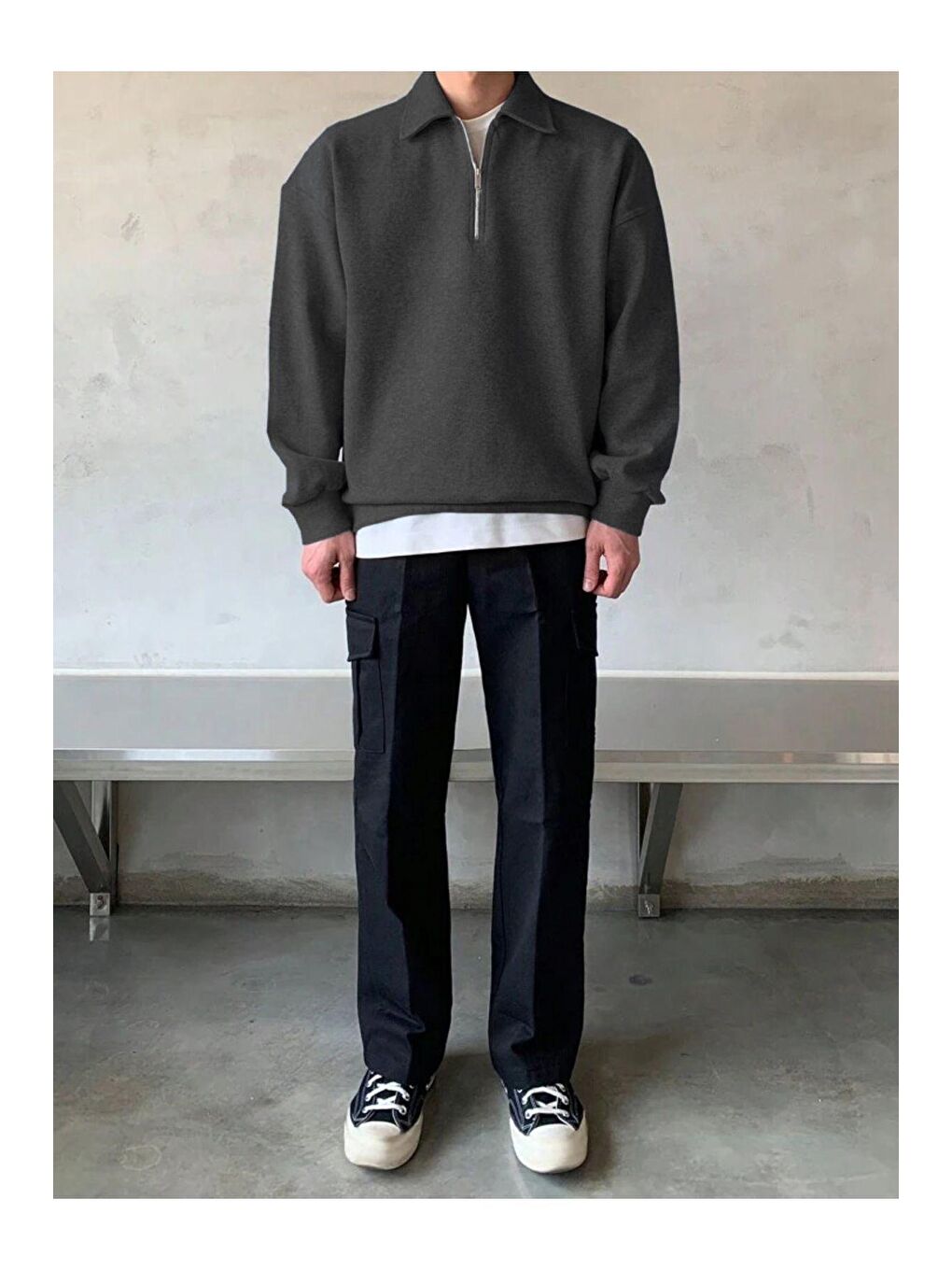 GENIUS STORE Füme Erkek Polo Yaka Oversize Sweatshirt Yarım Fermuar Sweatshirt - 4