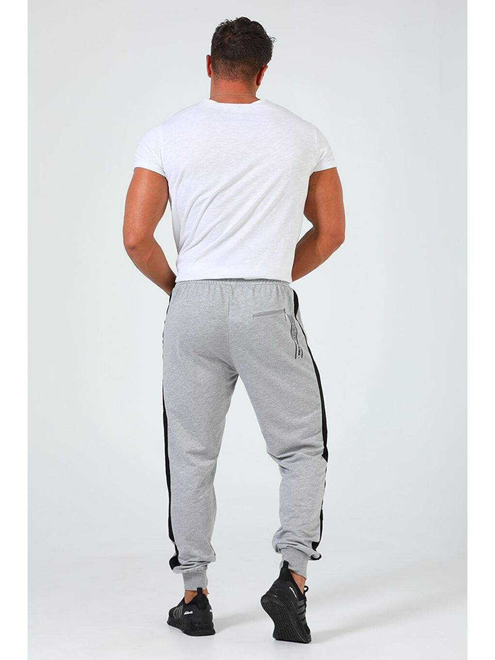 Gri Yan Şeritli Paça Lastikli Joger Erkek Eşofman Altı-5