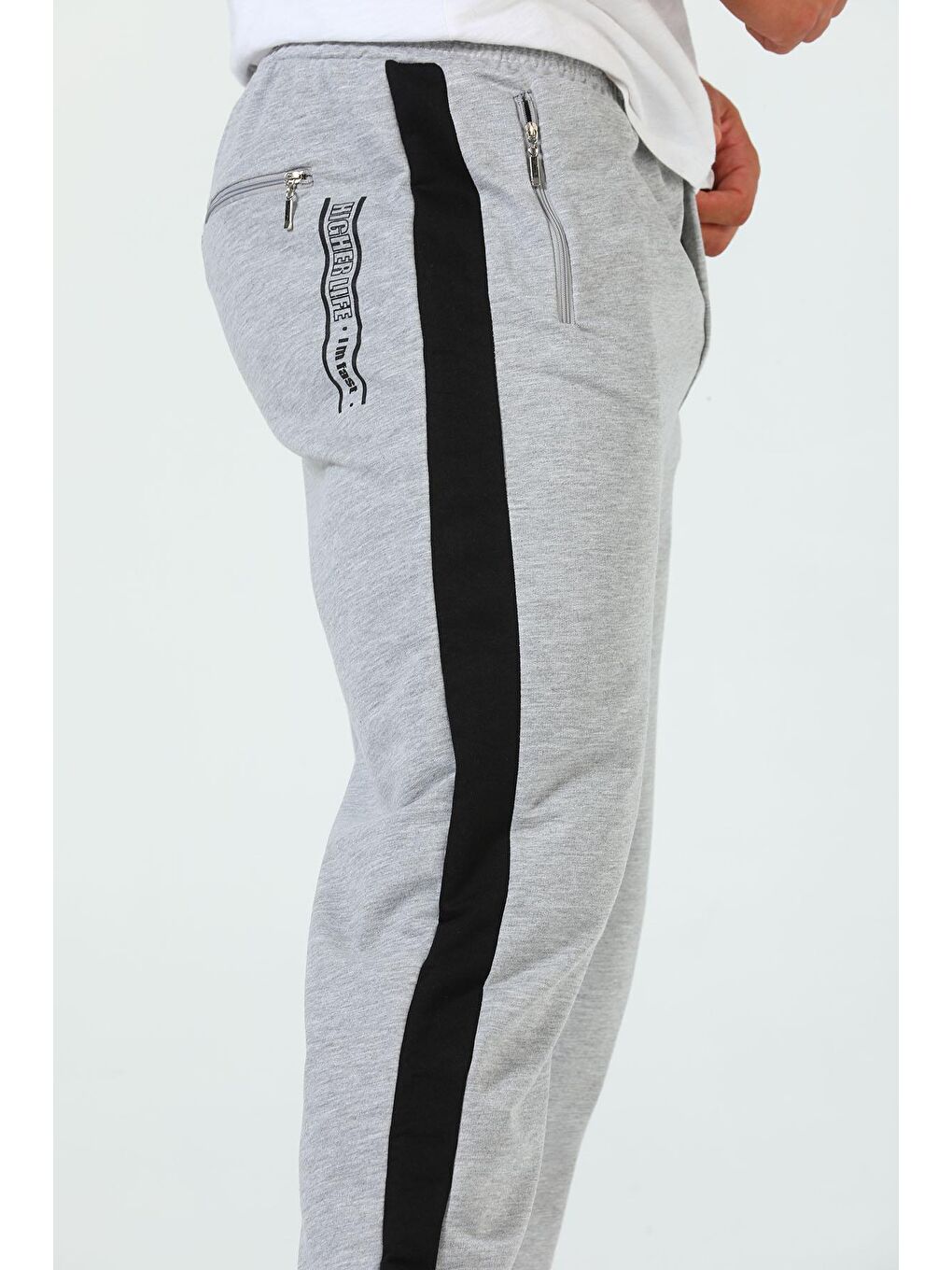 Gri Yan Şeritli Paça Lastikli Joger Erkek Eşofman Altı-6