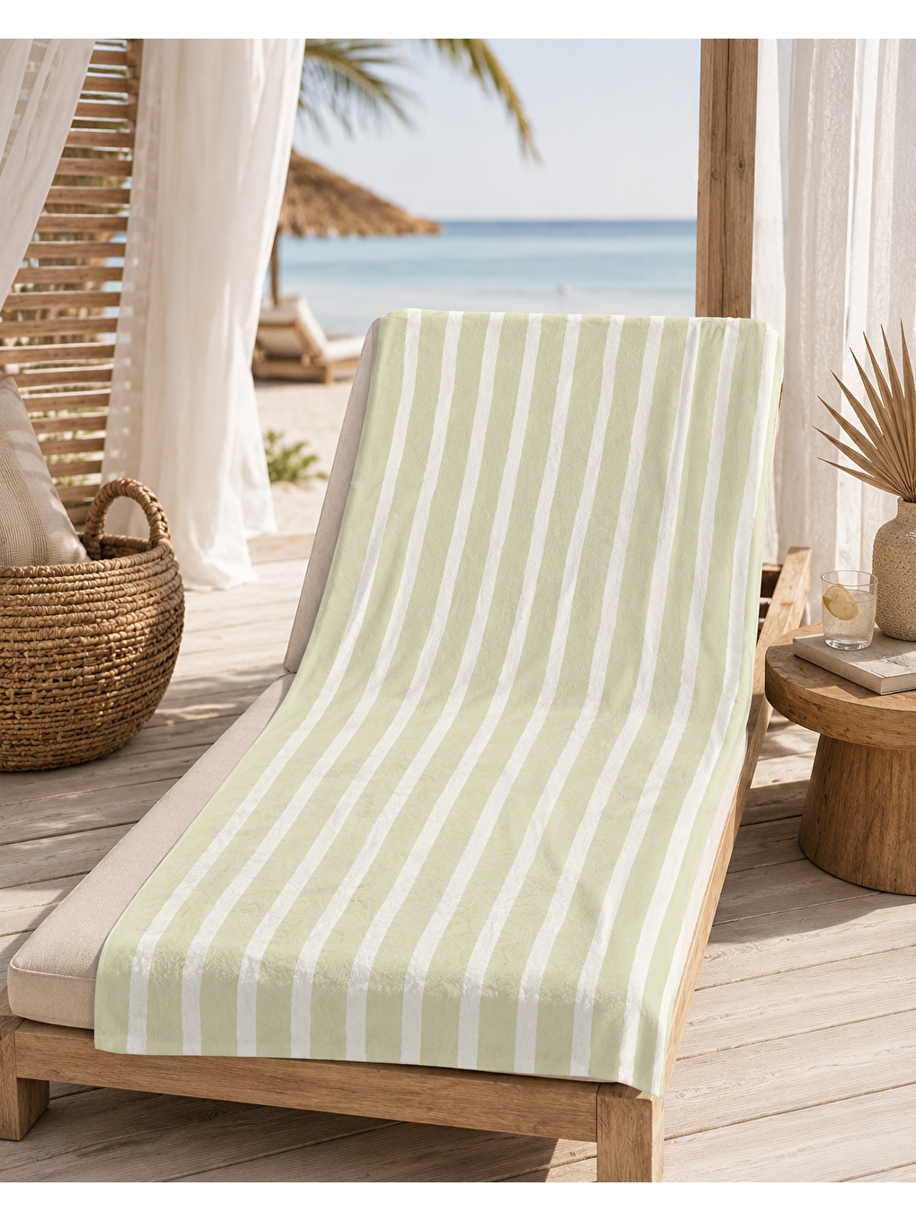 Bej Yeşil Beyaz İnce Şerit Desenli 70x150 Plaj Havlusu-4