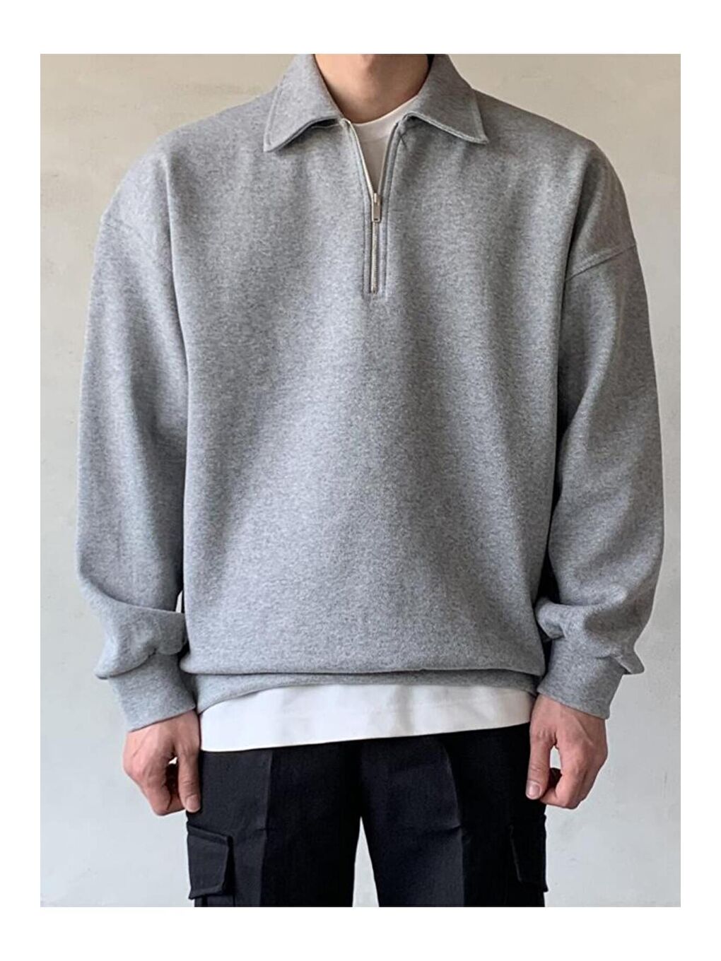 GENIUS STORE Gri Erkek Polo Yaka Oversize Sweatshirt Yarım Fermuar Sweatshirt - 2