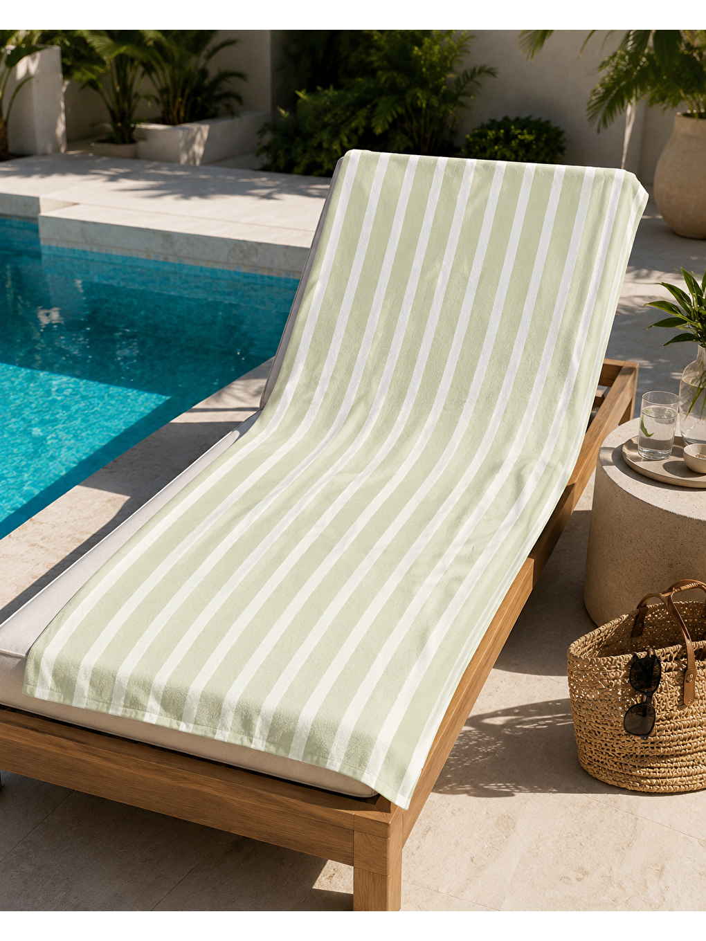 Bej Yeşil Beyaz İnce Şerit Desenli 70x150 Plaj Havlusu-5