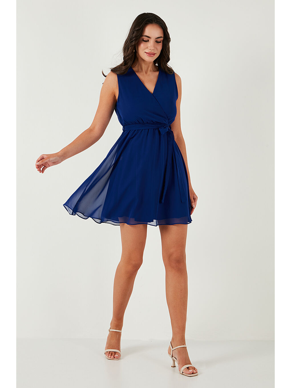 Mavi Regular Fit Kruvaze Yaka Bağlama Detaylı Şifon Mini Boy Kadın Elbise 6789075-3