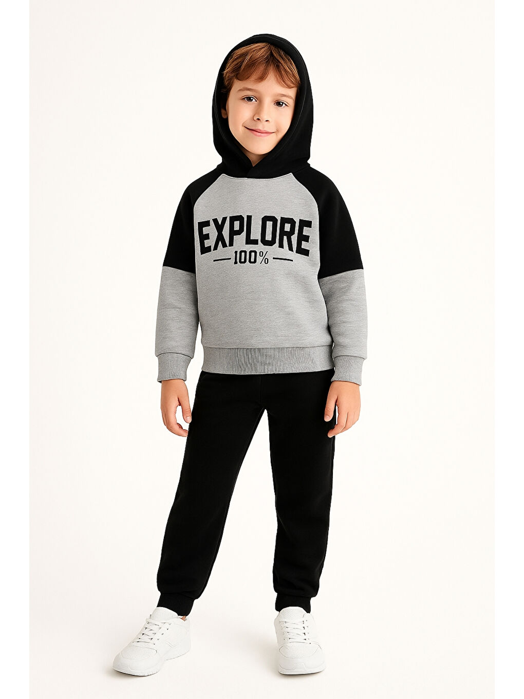 Siyah Erkek Çocuk Explore Baskılı 3 İplik Kalın Kışlık Alt Üst Takım Ak13539-1