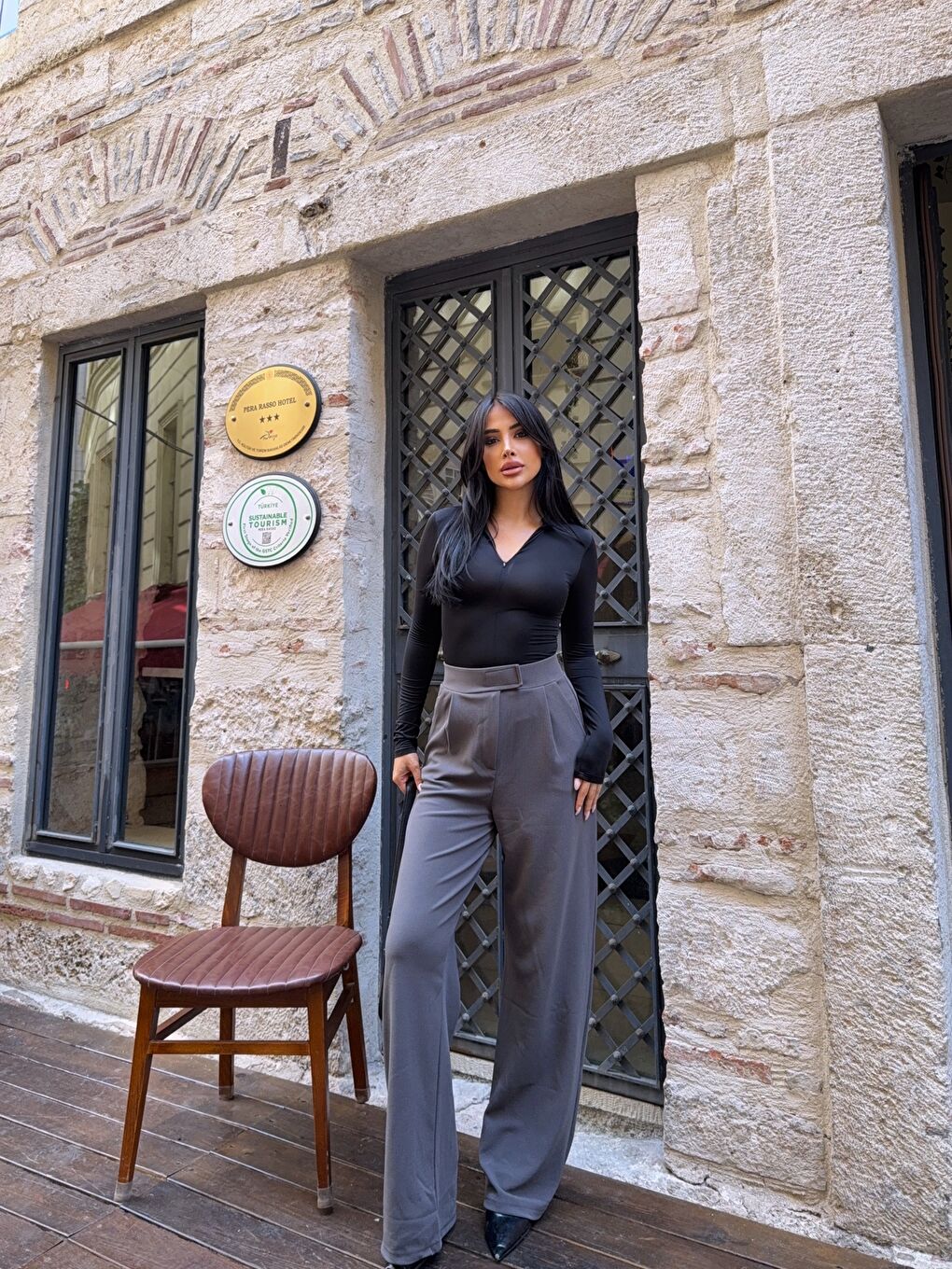 Gri Elastanlı Cırtlı Palazzo Pantolon-1