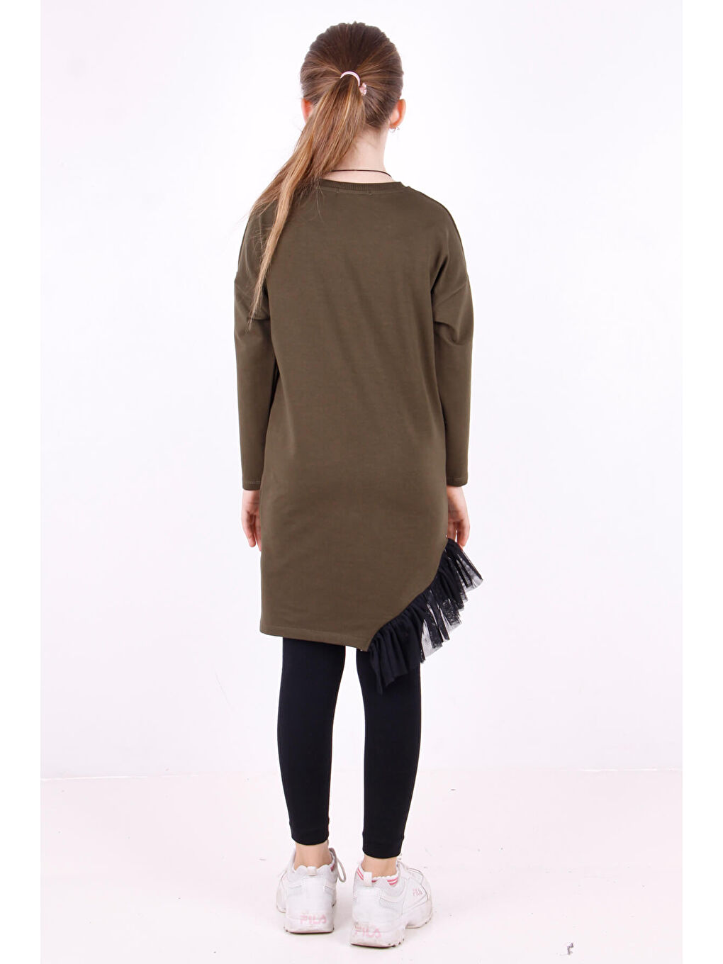 Haki Kız Çocuk Zürafa Baskılı Elbise-1