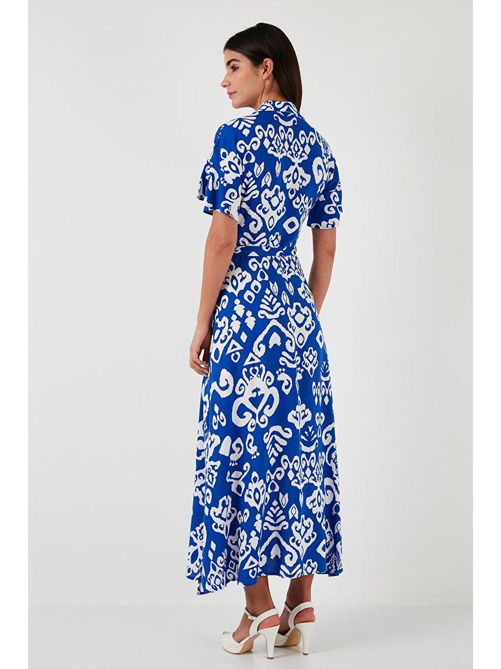 Mavi Desenli Yırtmaçlı Gömlek Yaka Maxi Elbise 611El502-3
