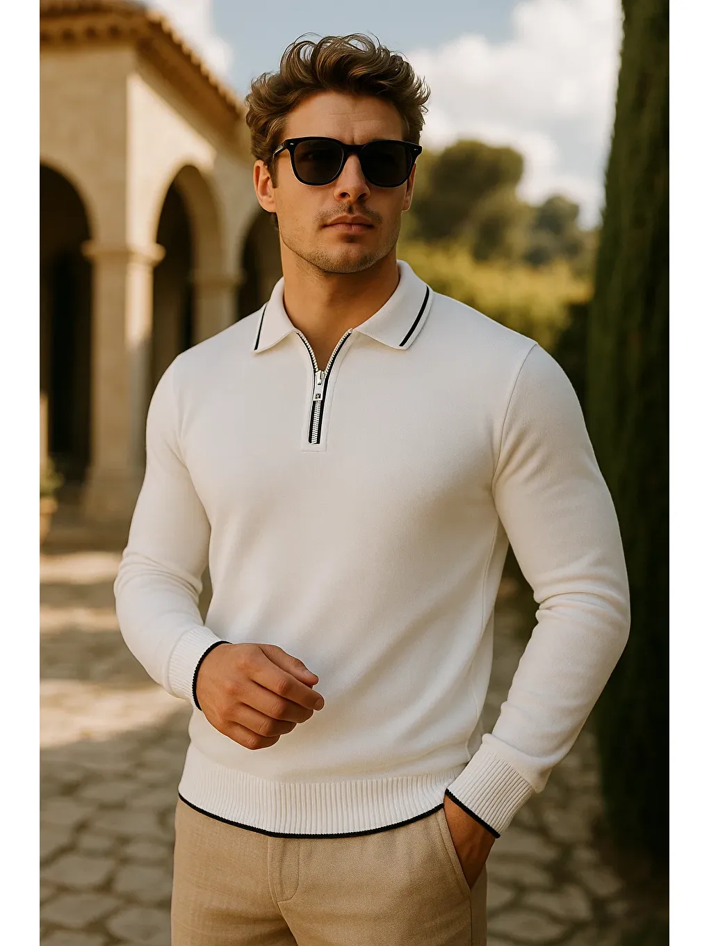 Erkek Günlük Fermuarlı Beyaz Uzun Kollu Polo Yaka Triko-1