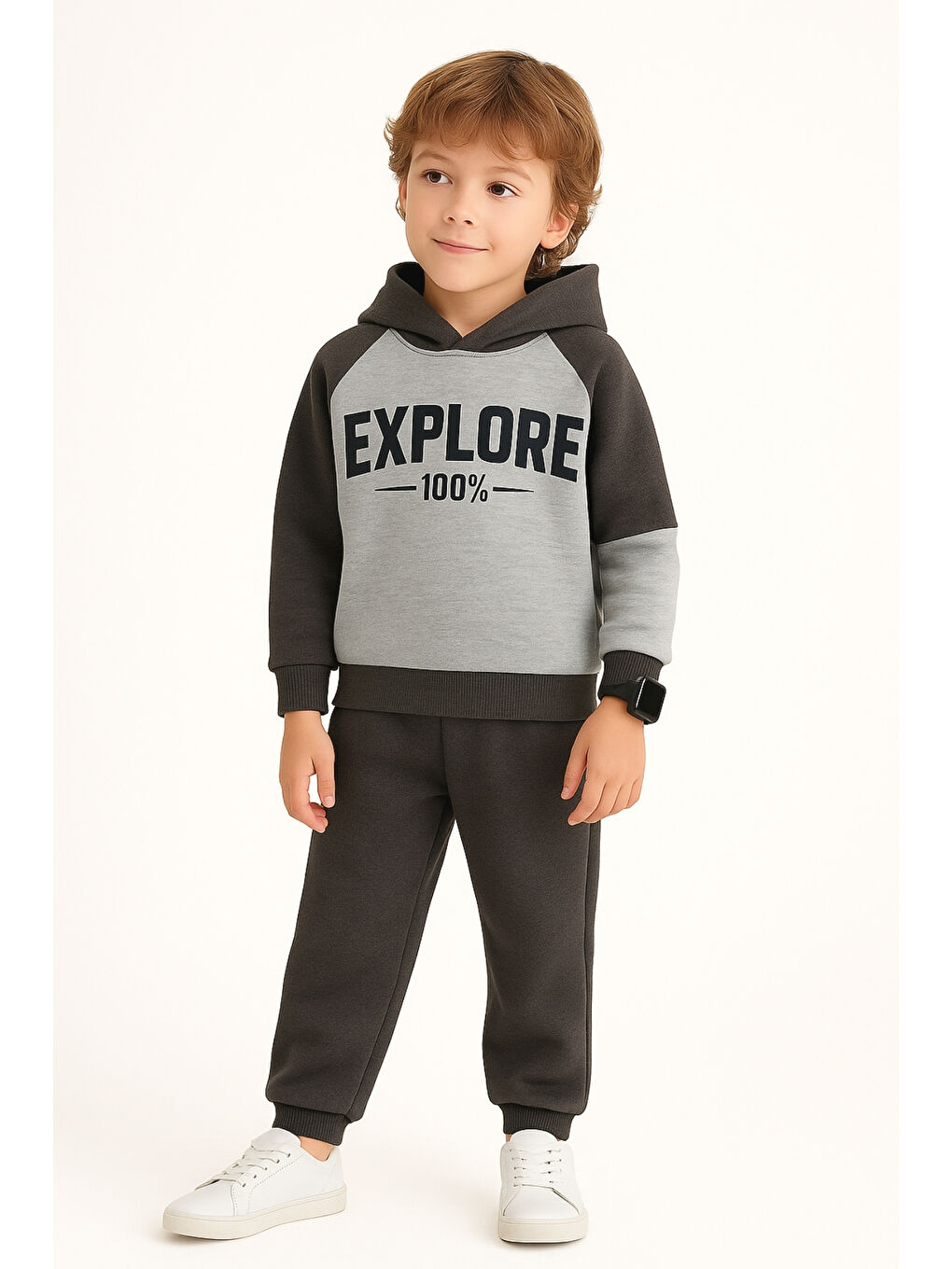 Gri Erkek Çocuk Explore Baskılı 3 İplik Kalın Kışlık Alt Üst Takım Ak13539-1