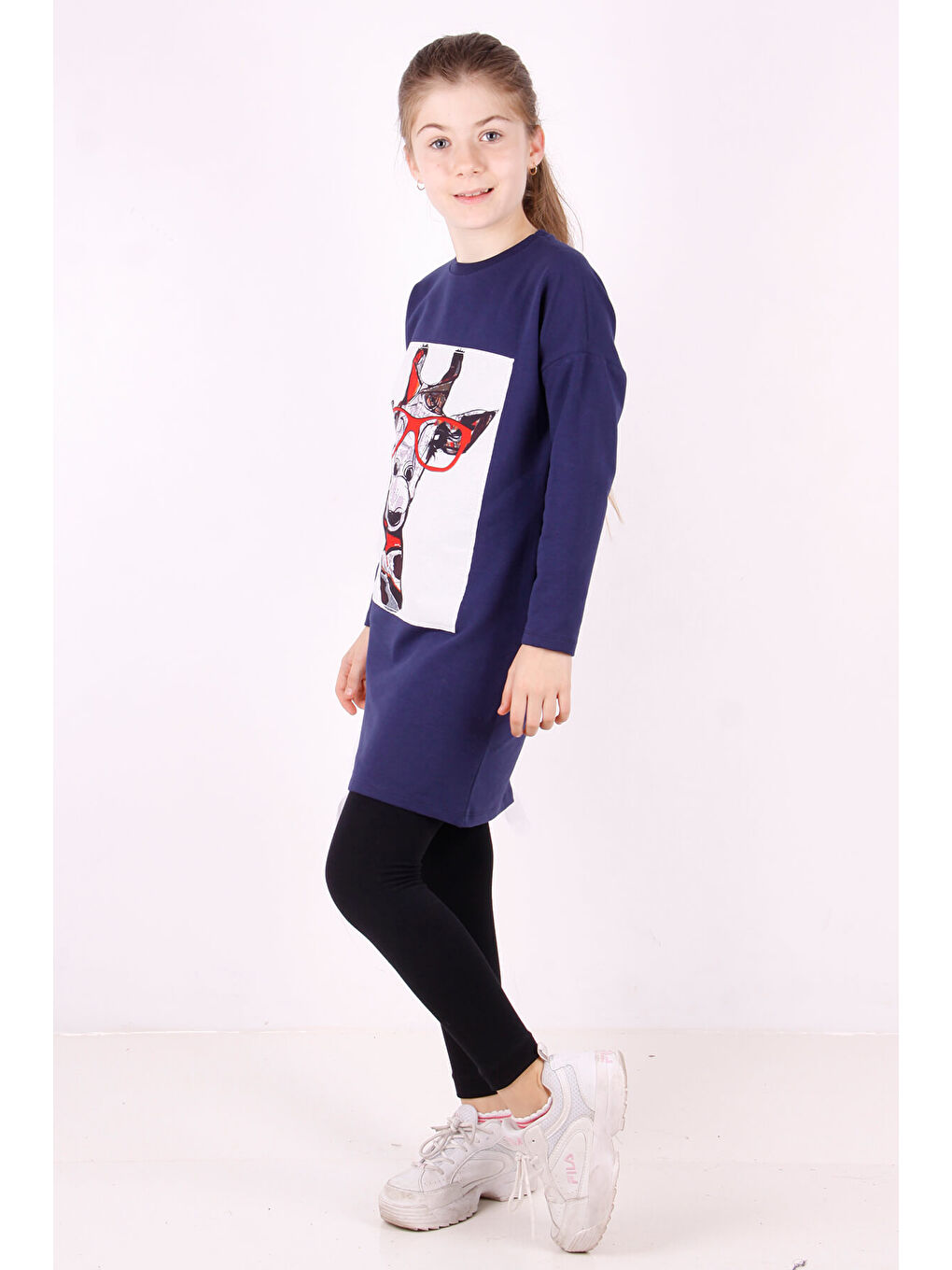 Lacivert Kız Çocuk Zürafa Baskılı Elbise-1