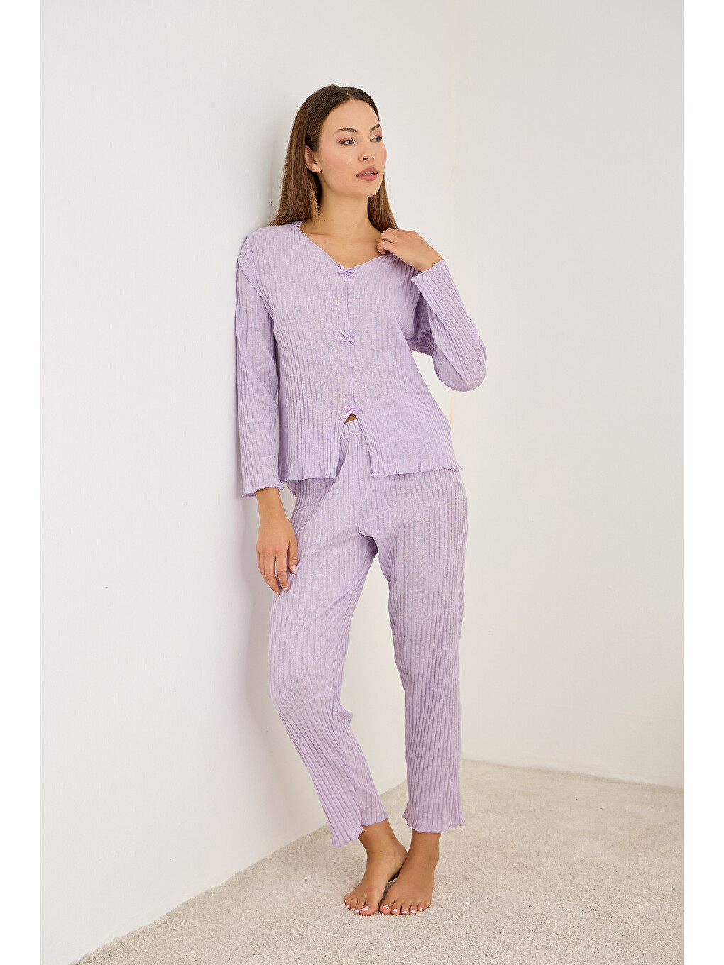 Lila Fiyonklu Fitilli Kaşkorse Uzun Kollu Pijama Takım 7937