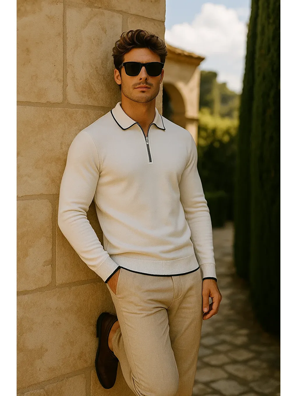 Erkek Günlük Fermuarlı Beyaz Uzun Kollu Polo Yaka Triko-2