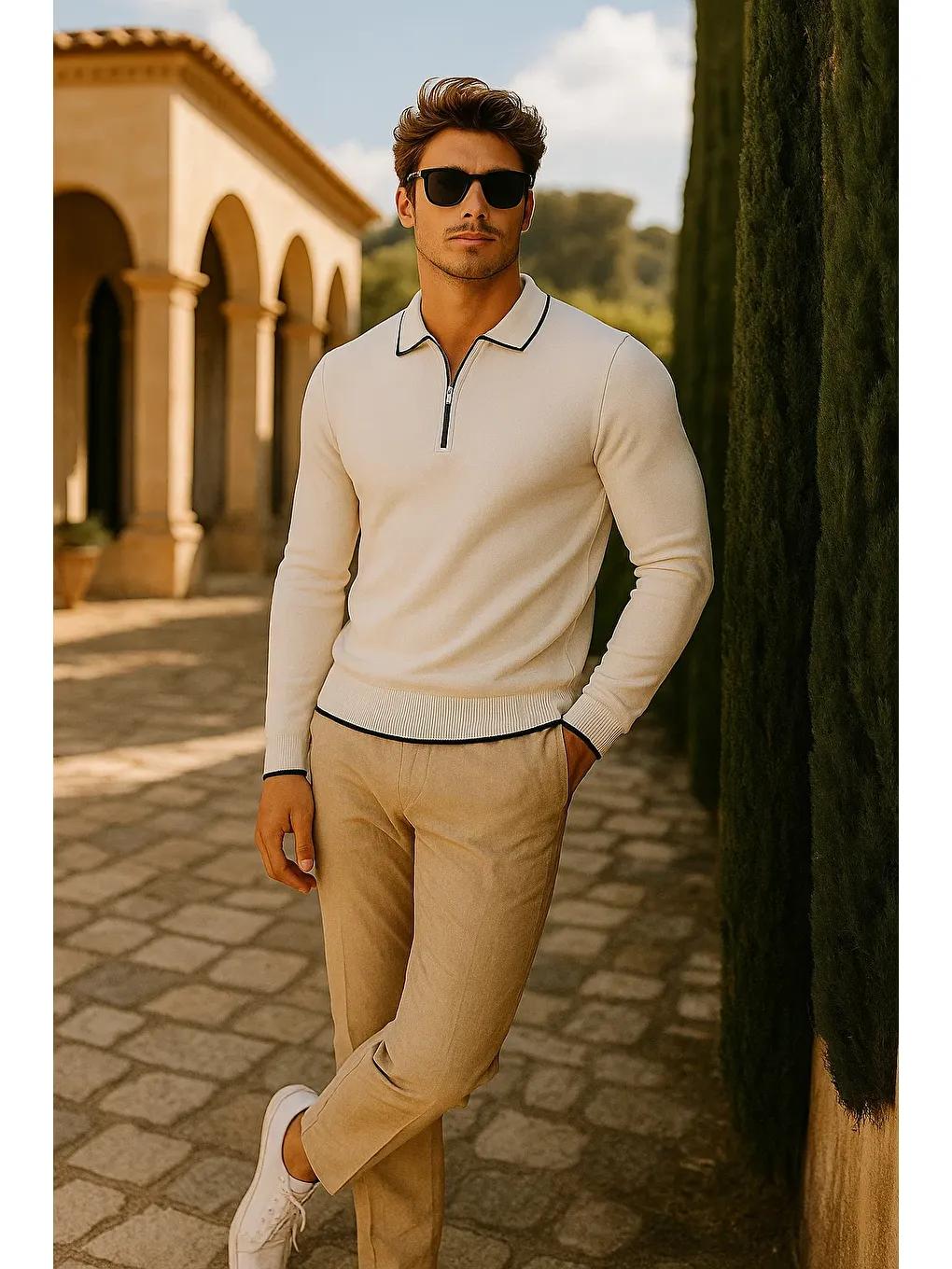 Erkek Günlük Fermuarlı Beyaz Uzun Kollu Polo Yaka Triko-3