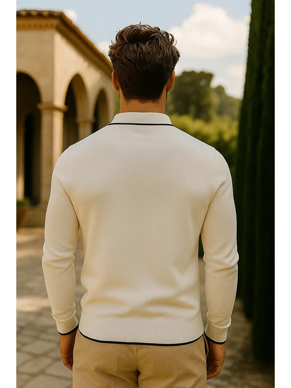 Erkek Günlük Fermuarlı Beyaz Uzun Kollu Polo Yaka Triko-4