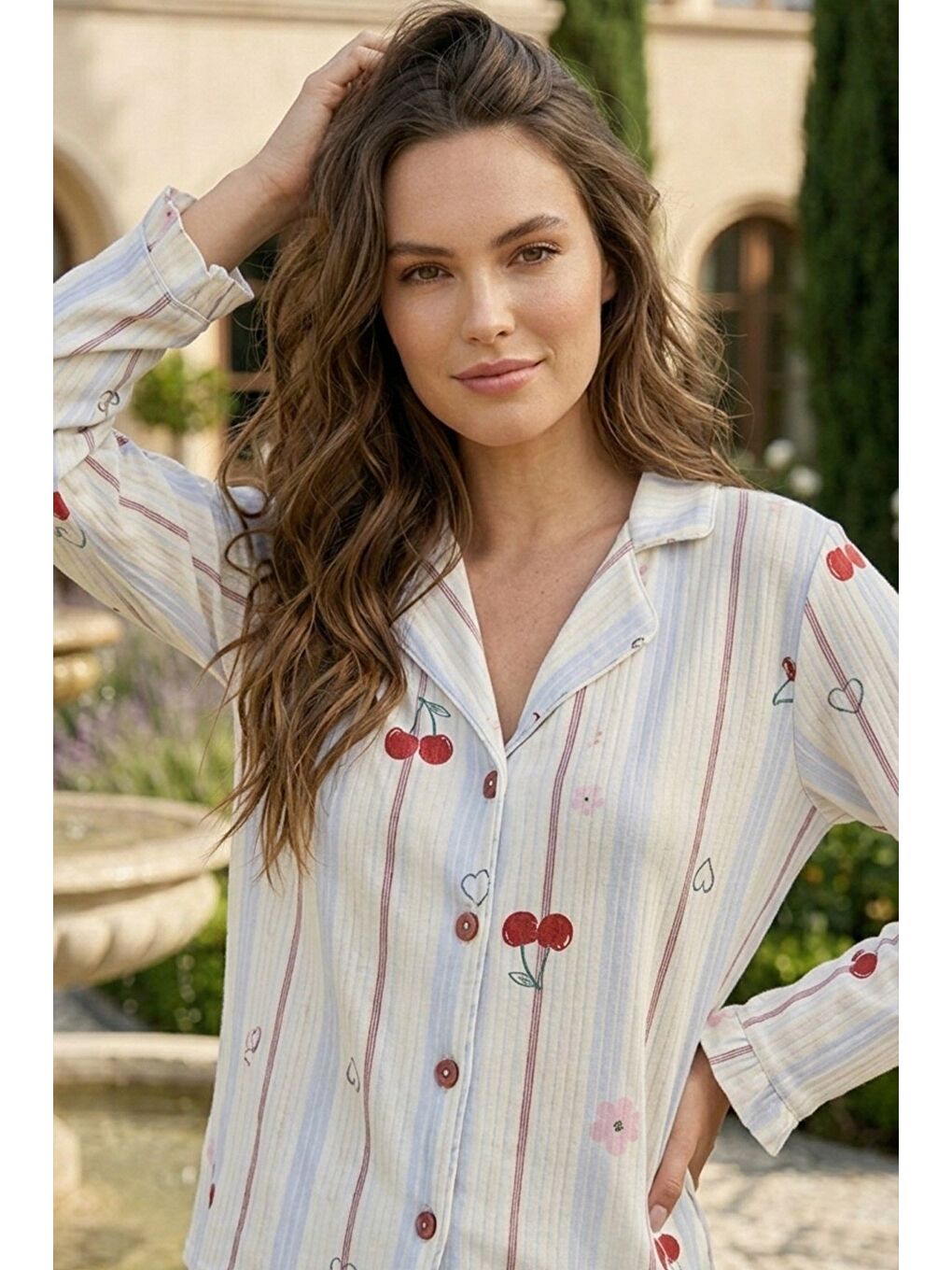 Kırmızı Bürümcük Dokulu Düğmeli Pijama Takım Kiraz-1