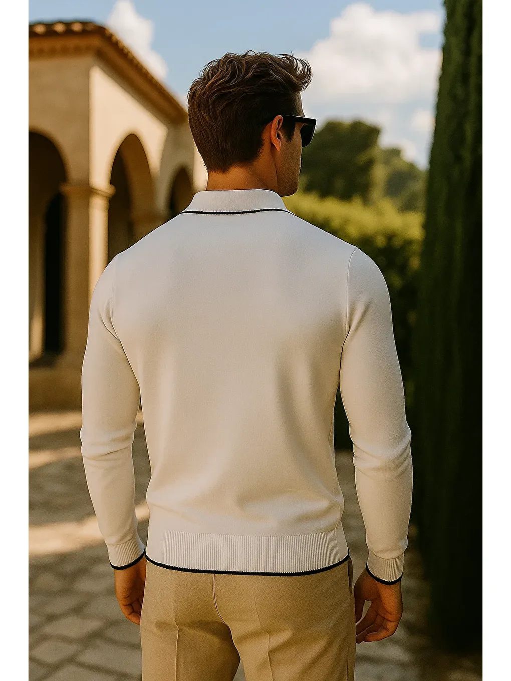 Erkek Günlük Fermuarlı Beyaz Uzun Kollu Polo Yaka Triko-5
