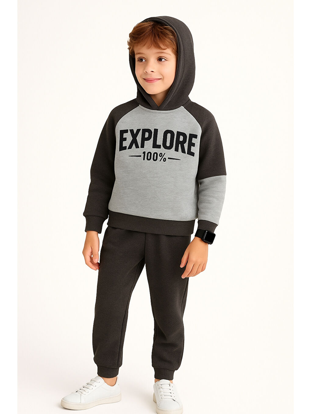 Gri Erkek Çocuk Explore Baskılı 3 İplik Kalın Kışlık Alt Üst Takım Ak13539-2