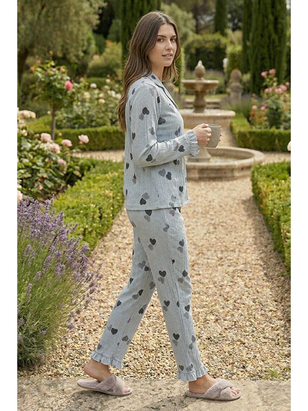 Gri Bürümcük Dokulu Düğmeli Pijama Takım Mavi Kalp-1