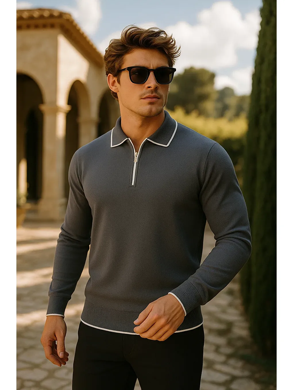 Gri Erkek Günlük Fermuarlı Füme Uzun Kollu Polo Yaka Triko